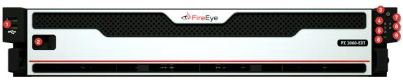 Front view of a FireEye PX appliance bezel showing numbered callouts for ports, buttons, and LEDs