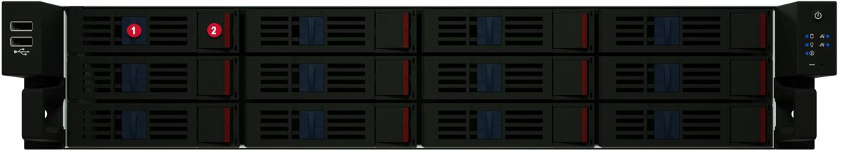 Front view of server chassis showing multiple drive bays, handles, and LED indicators.