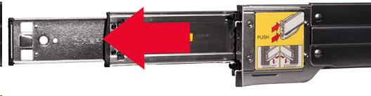 Metal slide-rail assembly with a large red arrow pointing to the inner rail, showing the inner rail pulled outward