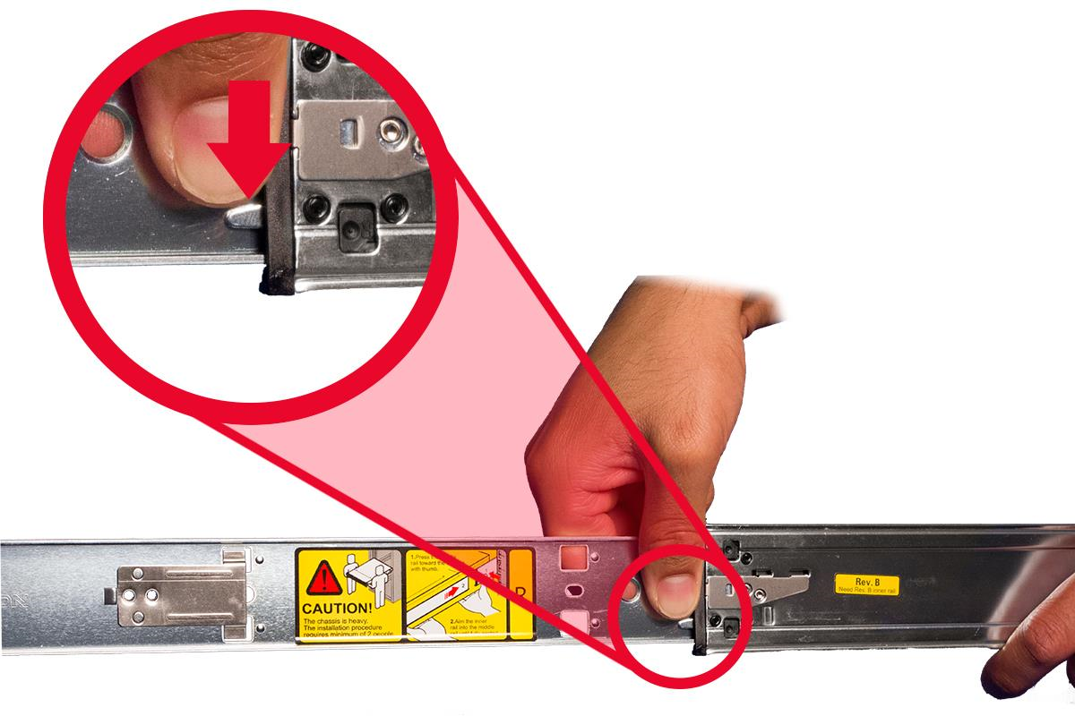 Close-up photograph of a person inserting an inner rail into a server appliance rail — shows a hand pressing the inner rail into the right-side tabs, with a large circular magnified inset and red guide overlay highlighting the notch and tab engagement.