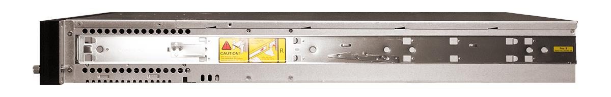 Full-length view of the appliance inner rail and chassis showing the rail positioned along the chassis, caution label visible on the rail.