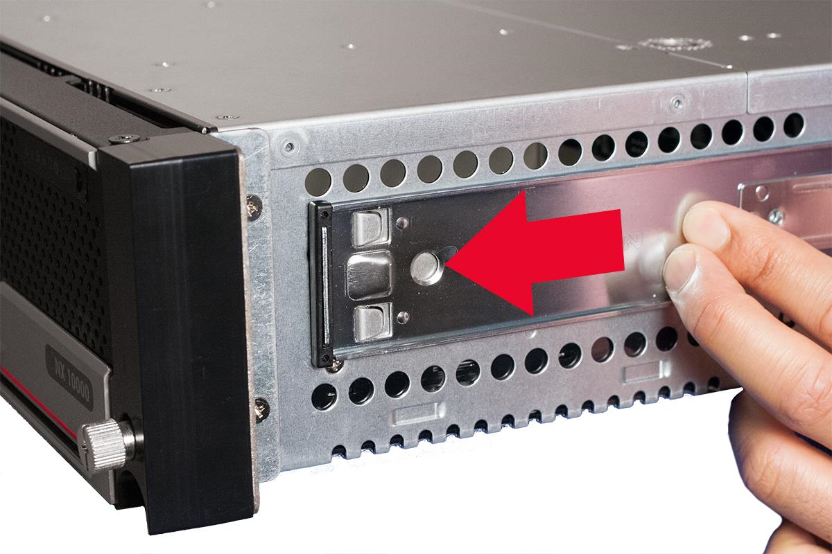 Close-up of the appliance inner rail right side showing a hand inserting a screw; a large red arrow highlights the screw location