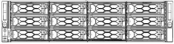 Front view of the PX 7620 chassis showing multiple disk drive carriers in a 3x4 layout
