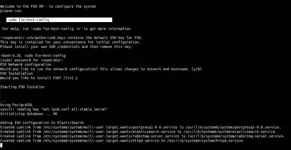 Black terminal screenshot showing the FSO VM installer output and commands (including sudo fso-host-config) with initialization and service creation messages