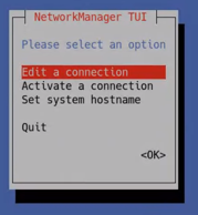 NetworkManager TUI screenshot showing a dialog with options Edit a connection (highlighted), Activate a connection, Set system hostname, and Quit