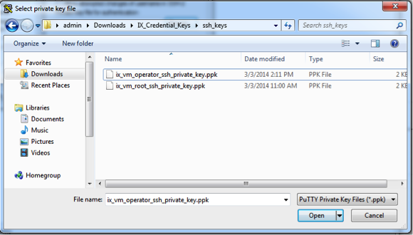 Windows Select private key file dialog listing .ppk files in a folder, showing the file name field and an Open button at the bottom.