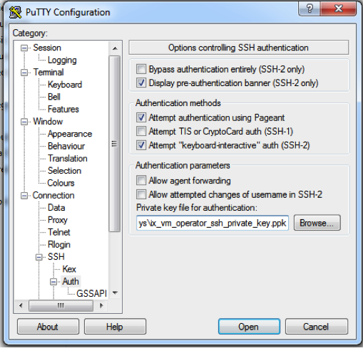 PuTTY Configuration window showing a left-hand Category tree and on the right an Options controlling SSH authentication area; the Private key file for authentication field displays a .ppk file path