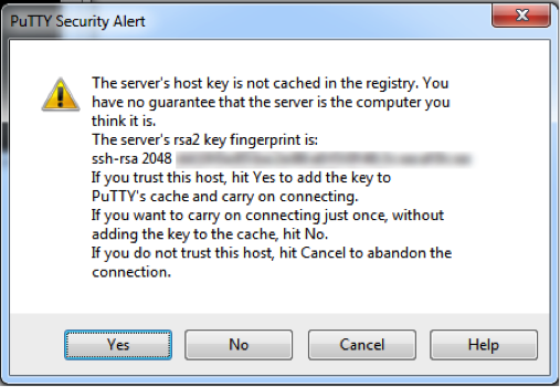 PuTTY Security Alert dialog box showing a yellow warning triangle and text stating the server's host key is not cached in the registry, warning that you have no guarantee the server is the computer you think it is. The dialog shows the server's rsa2 key fingerprint (blurred) and instructions to add the key to PuTTY's cache or cancel. Buttons visible at the bottom read Yes, No, Cancel, and Help.