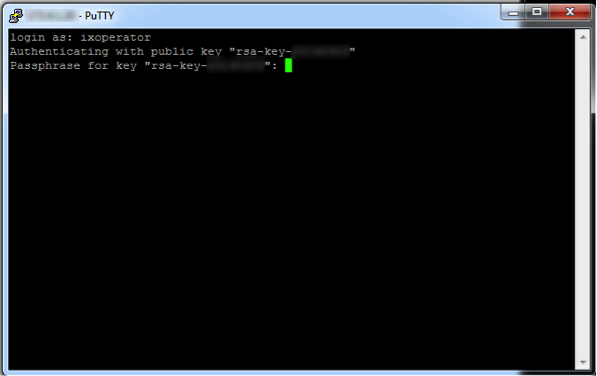 PuTTY terminal window screenshot showing a black console with text lines login as: ixoperator, Authenticating with public key rsa-key-... and Passphrase for key rsa-key-...: with a green cursor prompt indicating the passphrase entry point.