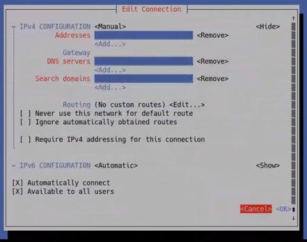 Screenshot of the Edit Connection dialog showing IPv4 CONFIGURATION with fields labeled Addresses, Gateway DNS servers, Search domains, and Routing (No custom routes) Edit..., with checkbox options and Cancel and Ok buttons.