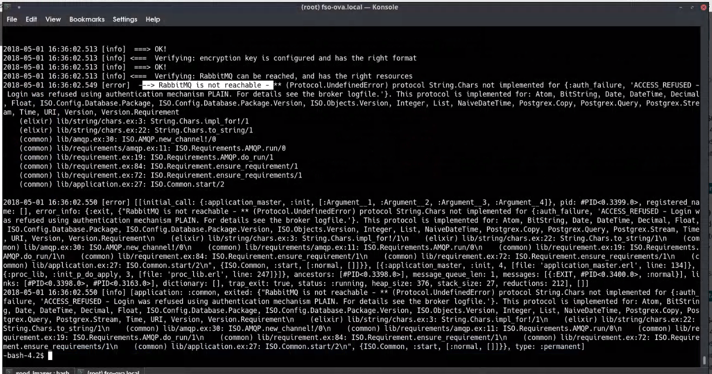 Terminal screenshot showing RabbitMQ/AMQP error messages and logs in a Konsole window