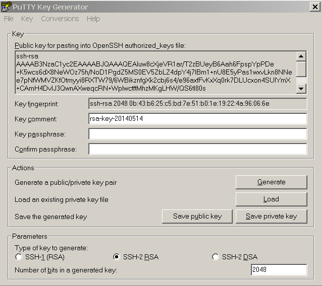 PuTTY Key Generator window showing the Public key for pasting into OpenSSH authorized_keys file text box, key fingerprint field, key comment field, key passphrase and confirm passphrase fields, and the Actions and Parameters sections with Generate, Load, Save public key and Save private key buttons