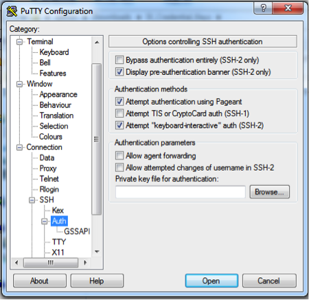 PuTTY Configuration window showing the left Category tree with 'SSH' → 'Auth' selected; right pane displays authentication options and a Private key file for authentication field with a Browse... button