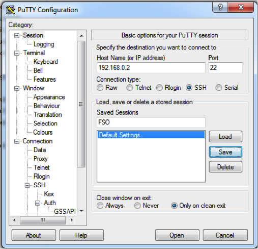 PuTTY Configuration Basic options for your PuTTY session panel showing Host Name (or IP address) and Port fields, Connection type radio buttons with SSH selected, and the Saved Sessions list and Save/Load/Delete buttons; whole dialog shown with left Category tree visible.
