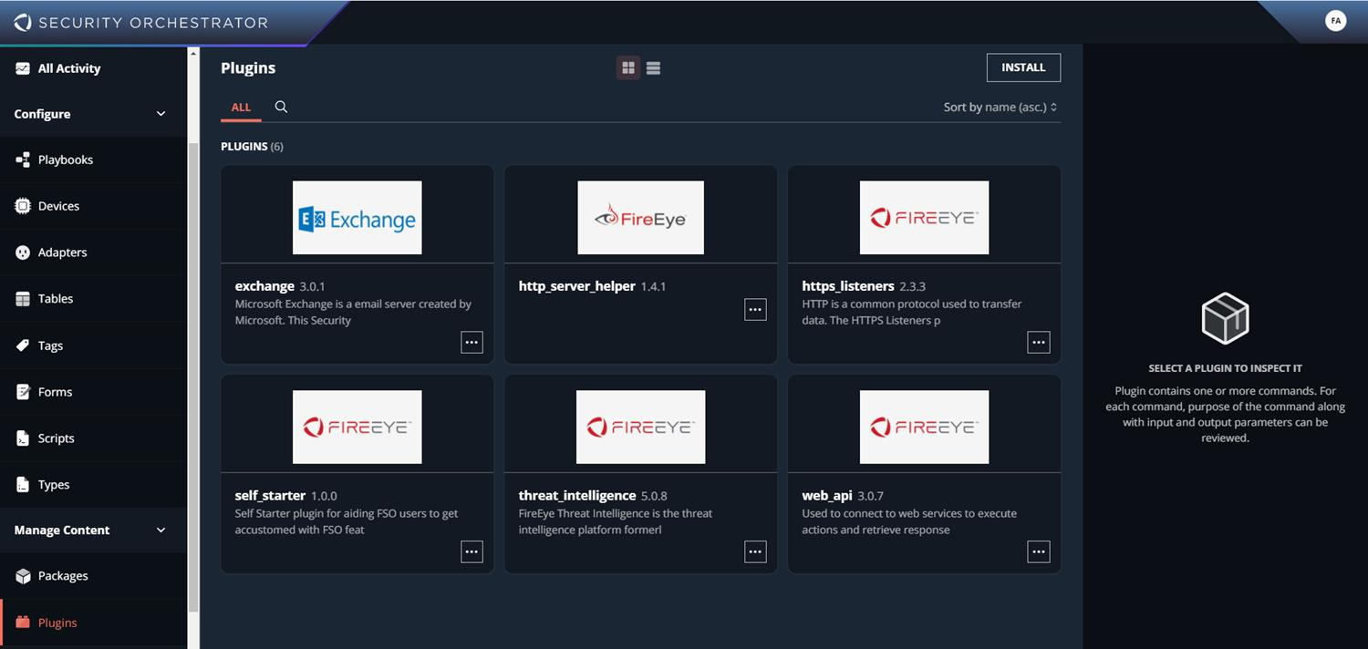 Dark user interface screenshot of the Security Orchestrator Plugins page showing plugin tiles and left navigation menu