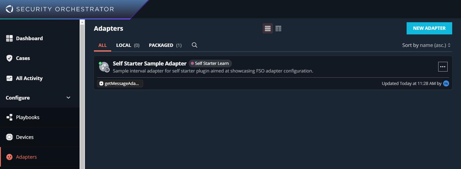 Screenshot of the Security Orchestrator Adapters page showing the left navigation menu (Dashboard, Cases, All Activity, Configure, Playbooks, Devices, Adapters) and the Adapters list area with UI elements and adapter entries