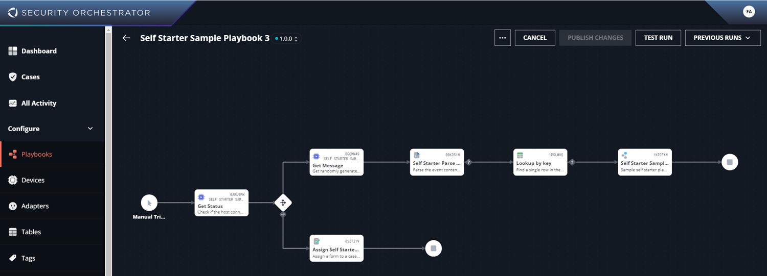 Screenshot of the Playbook Workflow Builder UI showing a dark canvas with connected playbook nodes, a left navigation menu labeled Security Orchestrator, and toolbar buttons at the top