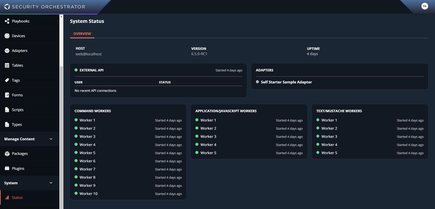 A screenshot of the Security Orchestrator System Status page in dark theme showing the left-side navigation menu and overview panels — host, version, uptime — plus sections for External API, Adapters, Command Workers, Application/JavaScript Workers, and Text/Mustache Workers.