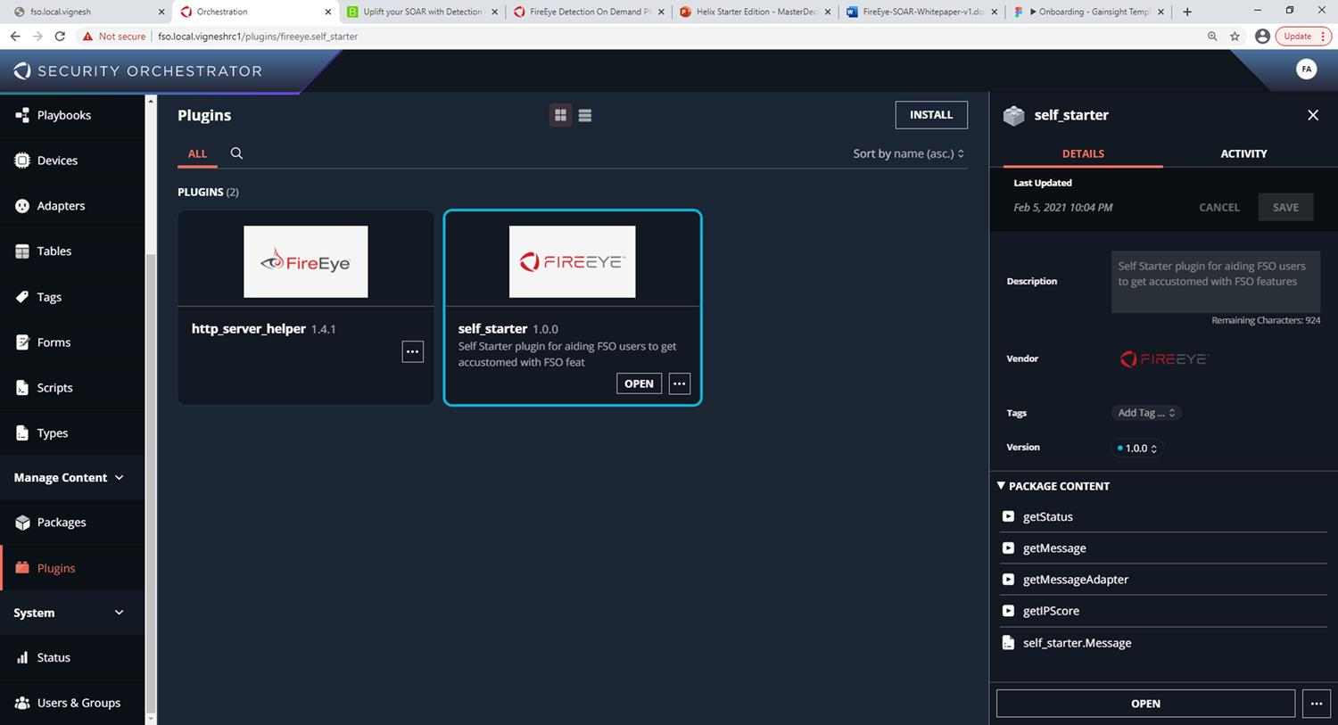 Screenshot of the Security Orchestrator Plugins page showing plugin tiles including http_server_helper and self_starter, with the Details pane visible on the right