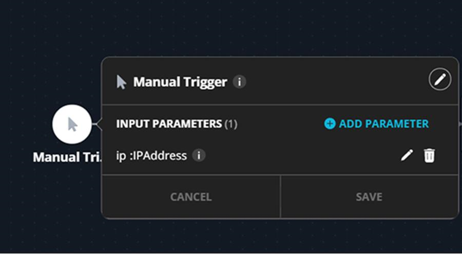 Screenshot of a Manual Trigger dialog showing header Manual Trigger, an input parameter labeled ip of type IPAddress, and Cancel and Save buttons