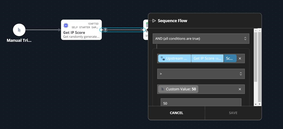 Sequence Flow dialog showing condition editor with AND (all conditions are true), an upstream selection, and a Custom Value set to 50 in a dark modal UI