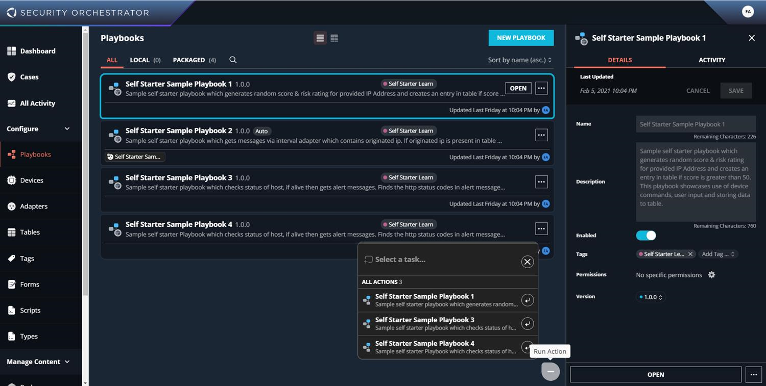 Playbooks page UI screenshot showing a list of playbooks on the left, the selected playbook details panel on the right, and the Run Action control in the lower-right corner.