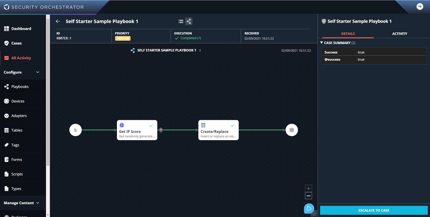 Screenshot of the Security Orchestrator playbook UI showing a simple linear playbook flow with nodes labeled Get IP Score and Create/Replace, left navigation sidebar, and right details pane.