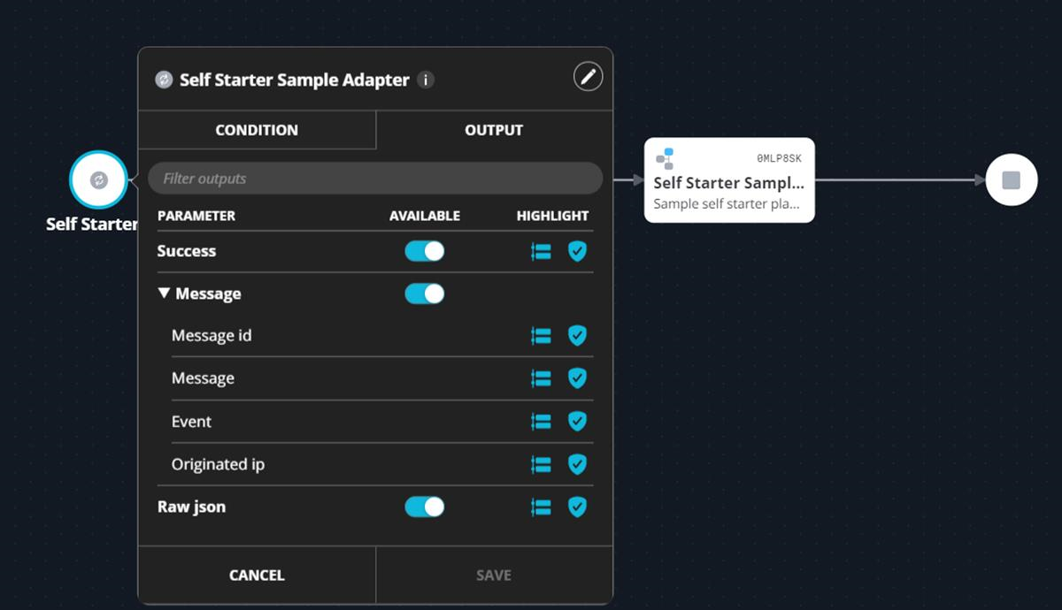 Adapter configuration panel screenshot showing parameters and output toggles on the left and the playbook node on the right, on a dark dotted background
