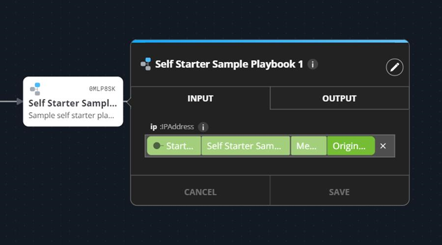 Dialog showing Self Starter Sample Playbook 1 command selection window with INPUT and OUTPUT tabs and selected playbook tokens