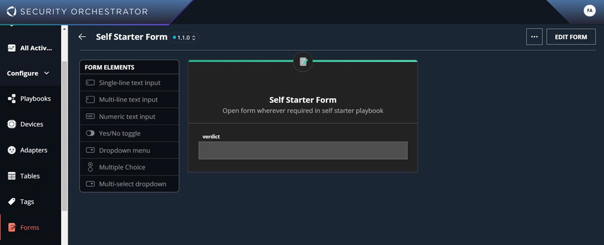 Screenshot of the Security Orchestrator UI showing the Self Starter Form modal in the center and a left-side menu with form elements listed (single-line text input, multi-line text input, numeric text input, etc.). Dark-themed interface with form preview in a modal box.