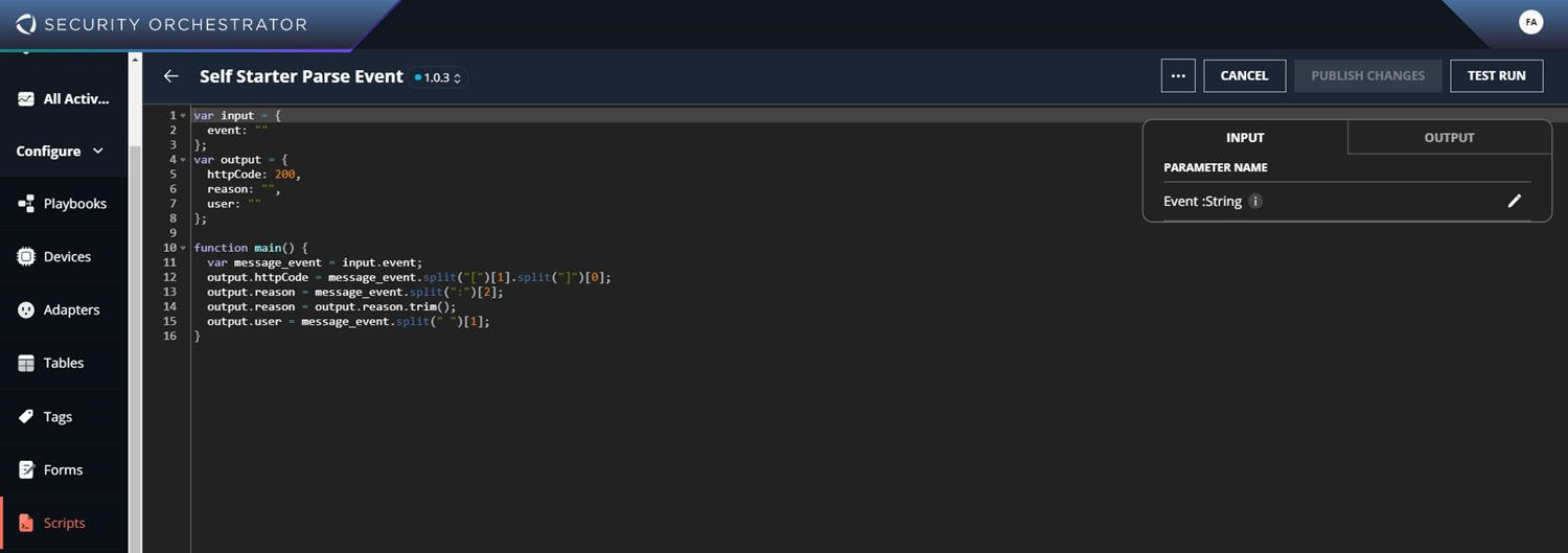 Screenshot of the Security Orchestrator script editor showing the Self Starter Parse Event script code in a dark theme editor with a left-hand navigation bar and an INPUT/OUTPUT pane on the right.