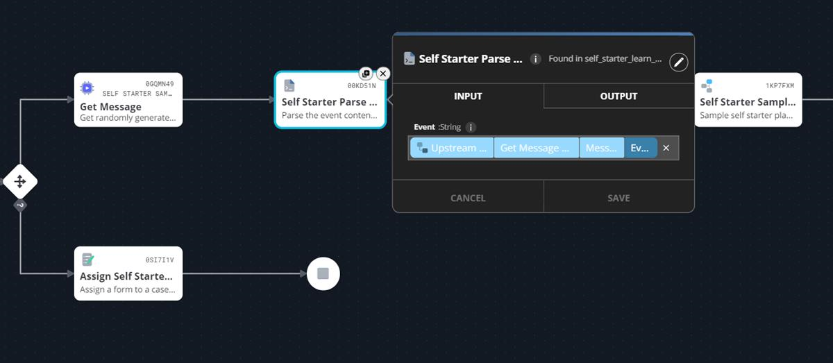 Workflow builder canvas screenshot showing the Self Starter Parse Event task connected in a flow with upstream and downstream tasks, and a modal displaying INPUT and OUTPUT fields over the canvas.