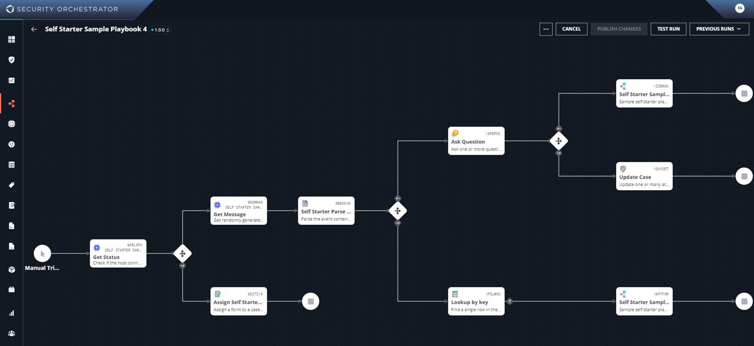 Screenshot of Self Starter Sample Playbook 4 — a dark-themed playbook flow diagram showing multiple tasks, gateways, connectors, and labels on a navy background.