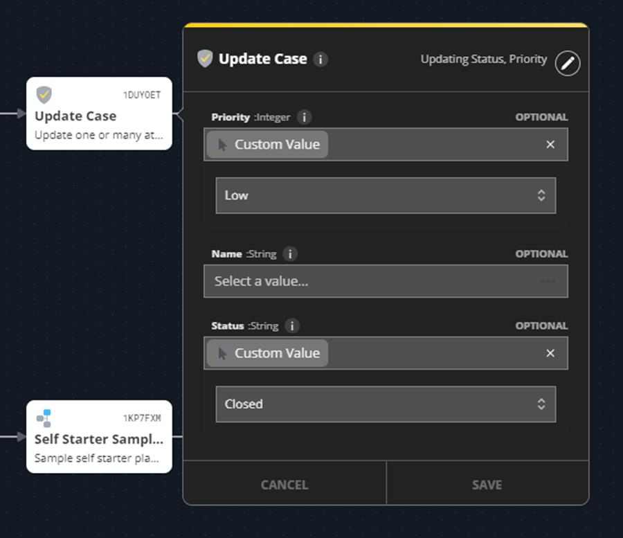 Screenshot of an Update Case dialog on a dark playbook canvas showing fields such as Priority (with Low selected), Name, Status (with Closed selected), and Save/Cancel buttons.