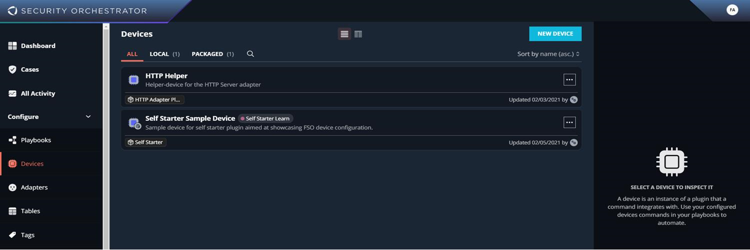 Screenshot of the Security Orchestrator Devices page — dark-themed dashboard showing left navigation (Dashboard, Cases, All Activity, Configure, Playbooks, Devices, Adapters, Tables, Tags), a central device list with device entries, and a NEW DEVICE button on the top-right of the devices pane.