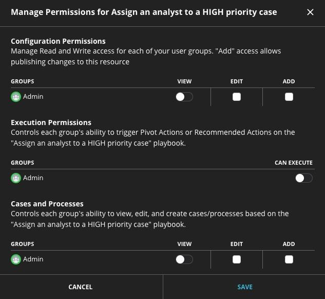 Dark modal titled Manage Permissions for Assign an analyst to a HIGH priority case showing sections for Configuration Permissions, Execution Permissions, and Cases and Processes with group rows, view/edit/add toggles, and CANCEL / SAVE buttons