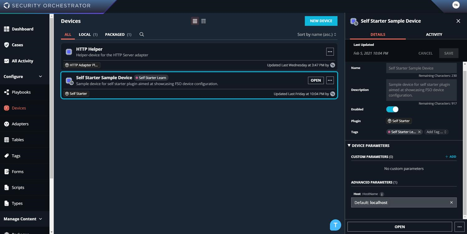 Screenshot of the Devices page showing the Self Starter Sample Device selected on the left list and the Details pane on the right with device parameters (including a Host parameter) visible.