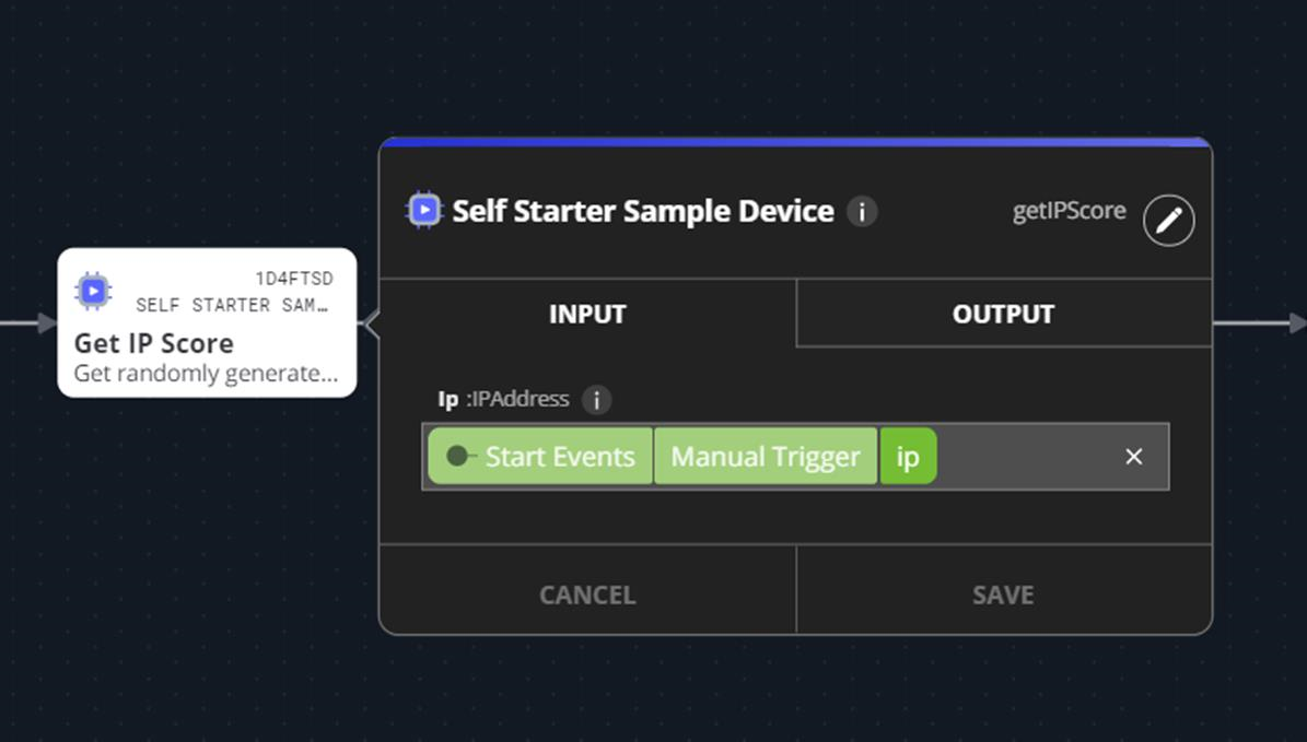 Self Starter Sample Device window showing the getIPScore command with Input and Output tabs and the ip parameter highlighted