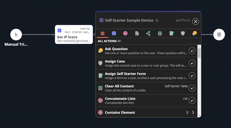 Dark-themed canvas close-up showing the device window menu open with a vertical list of actions (Ask Question, Assign Case, Assign Self Starter Form, Clear All Content, Concatenate Lists, Contains Element) and colored icons in the menu bar at the top of the window.