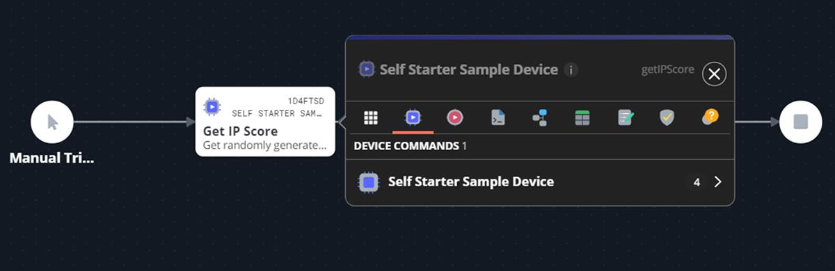 Wide dark canvas showing a sequence flow from a Manual Tri... node to a device node and a device commands panel labeled Self Starter Sample Device with device command entries and icons; a circular play/control icon is visible to the right.