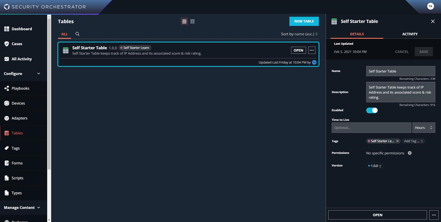 Tables window screenshot showing the Self Starter Table listed in the main pane and the Self Starter Table details panel open on the right