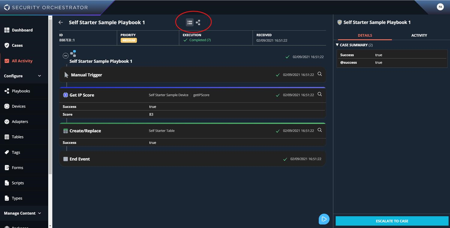 Full Security Orchestrator UI screenshot showing the left navigation (Dashboard, Cases, All Activity, Configure, Playbooks, etc.), the central playbook list titled Self Starter Sample Playbook 1 with tasks and statuses, and the right details panel with case summary and activity; the top area highlights the list/graph toggle icons. The screenshot shows the overall playbook execution view.