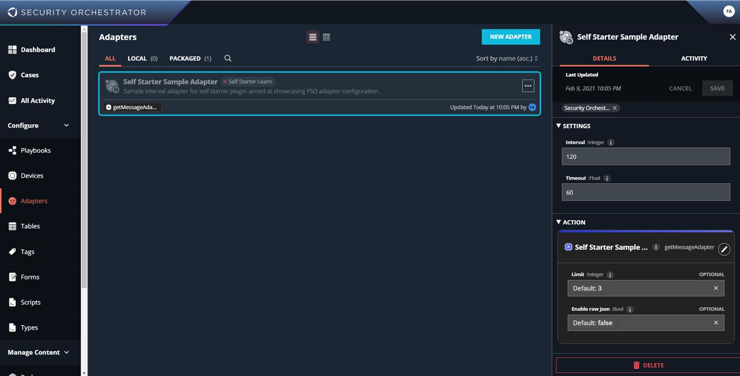 Screenshot of Security Orchestrator UI showing the Adapters page. Left navigation menu visible with items such as Dashboard, Cases, All Activity, Configure, Playbooks, Devices, Adapters, Tables; main panel listing Self Starter Sample Adapter; right-side details panel showing adapter settings including Interval, Timeout, Limit, Enable Raw JSON, and action buttons like DELETE.