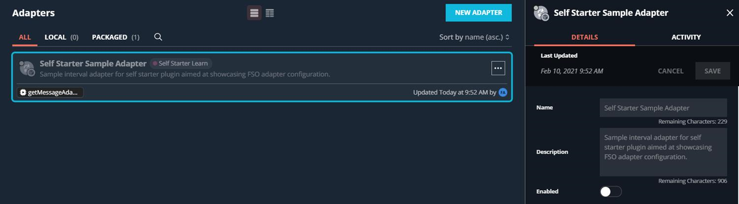 Adapters page screenshot showing a list of adapters (including Self Starter Sample Adapter) on the left and the Adapter details panel on the right with an Enabled toggle and Save/Cancel buttons