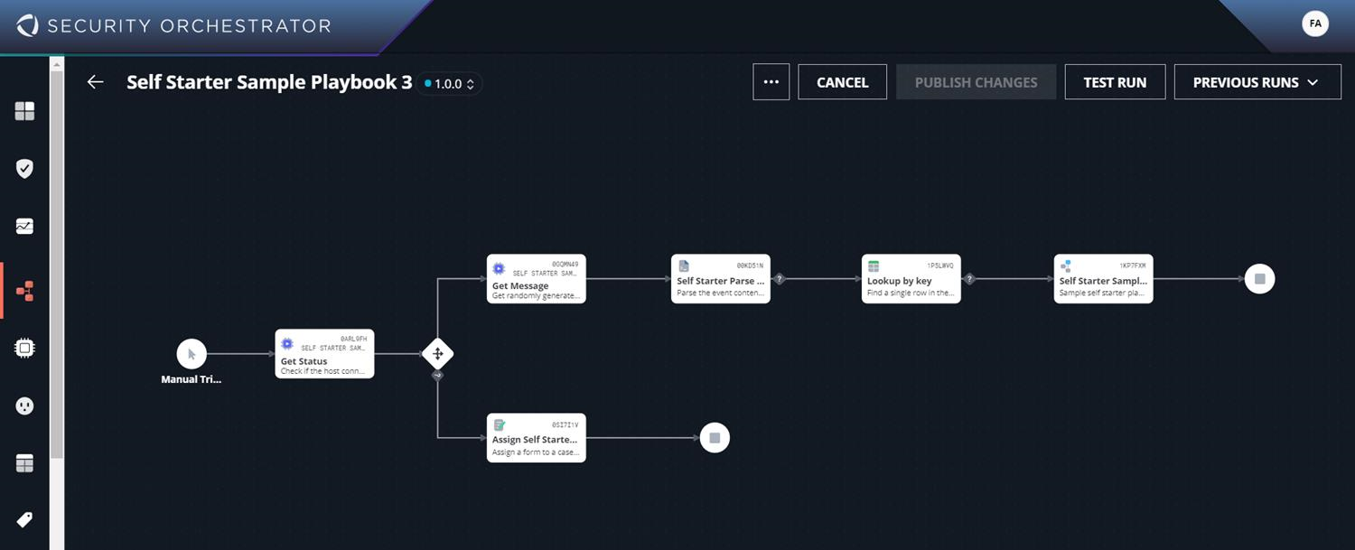 Security Orchestrator workflow builder screenshot showing Self Starter Sample Playbook 3 with connected tasks and sequence flows