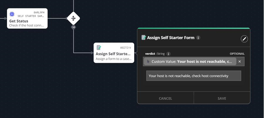 Workflow builder screenshot showing the gateway with the Get Status task and the Assign Self Starter Form task open, including the form dialog with a message field