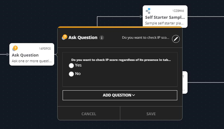 Dark UI screenshot showing an Ask Question dialog over a playbook canvas, with radio options for Yes and No and an ADD QUESTION button.