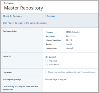 Screenshot of the Master Repository page in Trellix ePO showing the Master Repository header and the package info table with fields such as Name, Version, Minor Version, Type, Language, Branch, Options, and Package signing.
