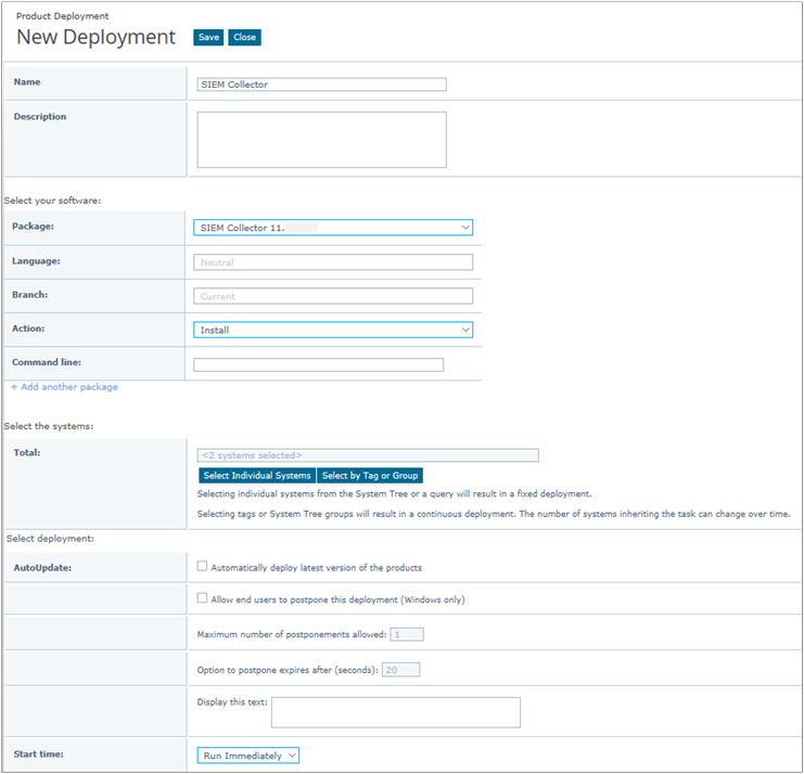 New Deployment dialog showing fields for Name, Description, Package, Language, Branch, Action, Command line, and the system selection area with Total and Select Individual Systems buttons.