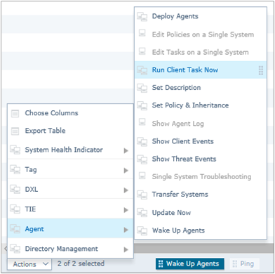 Screenshot of Trellix ePO Actions menu with Agent submenu and the Run Client Task Now option highlighted.